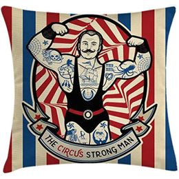 Pillow Nostalgic The Strong Man With Tattoos And Muscles Circus Star Fun Art Print Decorative Square Accent Case Beige Red Blue