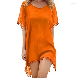 Spring Summer Women's Seaside Holiday Sunscreen Clothes Tassel Chiffon Beach Blouse Fashion Lady Thin Top Orange Shawl