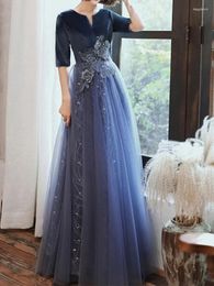 Party Dresses Elegant Velvet Small V Neck Half Sleeve Slim Fit Evening Vestidos Front Flower Appliques Prom Exquisite Lurex Print Gown