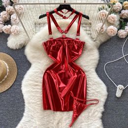 Casual Dresses INS Spicy Girls Tight Dress Women's Sexy Slim Fit Wrap Hip Halter Strap PU Leather Red Mini Short Club Thong Set