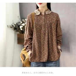 Women's Polos Women Long Sleeve Casual Shirts 2024 Spring Vintage Style Lace Collar Floral Print Loose Female Cotton Tops Shirt Versatile