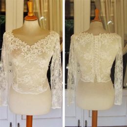 2019 Cheap Bridal Wraps Modest Lace Crew Neck Sheath Wedding Bridal Bolero For Wedding Dresses Long Sleeve Lace Applique Jacket 2075