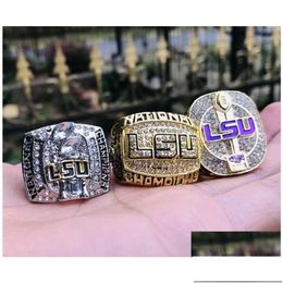 Cluster Rings Lsu 3Pcs 2003 2007 Tigers Nationals Team Champions Championship Ring With Wooden Box Souvenir Men Fan Gift Wholesal Drop Dhsyd