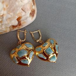 YYGEM Natural Blue Larimar Chips Pave Heart Shaped Yellow Gold Colour Dangle LeverBack Earrings 240507