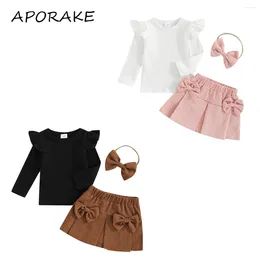 Clothing Sets 2024 3-24M Baby Girls Casual Outfits Born Flying Sleeve Ribbed Tops Bow Corduroy Mini Skirt Headband Infant Spring Clothes