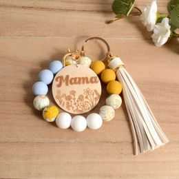 Party Favor Personalized Mother's Day Bracelet MAMA Wood Chip Wristlet Keychain With Tassel Daisy Silicone Bead Gift