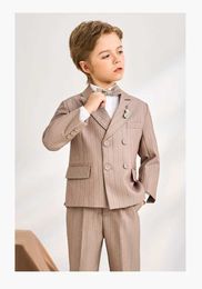 Suits Boys Luxurious Khaki Jacket Vest Pants Bowtie Photograph Suit Kids Elegant Birthday Tuxedo Children Wedding Performance Dress Y240516