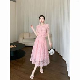 Work Dresses GkyocQ 2024 Summer Women Two Piece Skirt Sets Pink Puff Sleeve Short Shirt Tops A Line Midi Korean Fashion Outfit