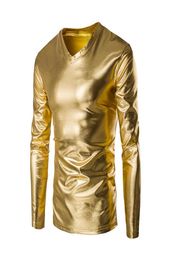 Mens Patent Leather Long Sleeve Tshirt Nightclub Style Metallic Shiny Hip Hop Pullover TShirt Cool Gold Coated Camiseta Tops9980353