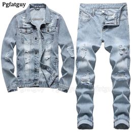 Simple Casual Men 2 Piece Sets Ripped Hole Slimfit Long Sleeve Denim Jacket Matching Jeans Light Blue Spring Summer Ropa Hombre 240428
