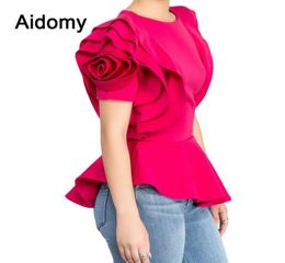 Rose Applique Women Tops Blouses Summer Short Sleeve Ruffles Shirts Evening Party Wear Peplum Top Female Shirt Black White Red4729793