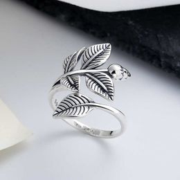 S925 Sterling Silver Old personalized leaf wide exaggerated ring ancient fashion personalized index finger ring female