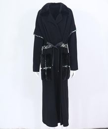 OFTBUY Black Xlong Cashmere Wool Blends Real Fur Coat Belt Winter Jacket Women Natural Mink Fur Pocket Streetwear Outerwear New4333346