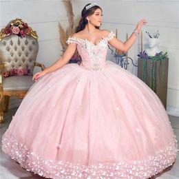 Light Pink Butterfly Quinceanera Dresses Puffy Ball Gown Off Shoulder Lace Appliques Sweet 15 16 Dress Graduation Prom Gowns Vestidos d 195O