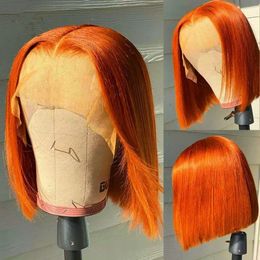 Brazilian Short Bob 13x4 Glueless Human Hair Wigs Orange Colored Transparent Lace Frontal Wigs