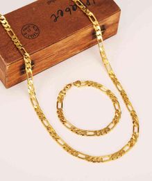 Whole Classic Figaro Cuban Link Chain Necklace Bracelet Sets 14K Real Solid Gold Filled Copper Fashion Men Women039s Jewelr7533798