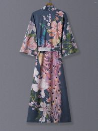 Ethnic Clothing Japanese Peacock Flower Print Medium Long Kimono Cardigan Thin Coat Men And Women Europe The United States Elegant Wind Spri