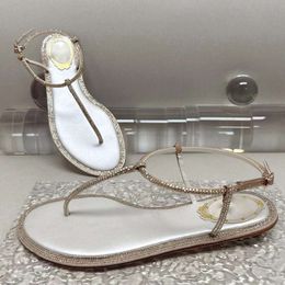 Designer Sandals for Womens Rene Caovilla Flat Rhinestone Pin Toe Lace Decorative Ankle Band Dress Shoe Fashion Casual Beach Shoes 2024