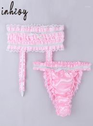 Men039s Sleepwear 2Pcs Mens Sissy Panties Lingerie Set Sexy Satin Ruffled Stretchy Briefs Underpants With Garters1536982