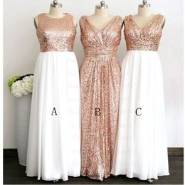 2018 Rose Gold Sequin Top White Chiffon Skirt Long Cheap Bridesmaids Dresses V neck Jewel Style Ruched For Wedding Country Prom Formal 213a