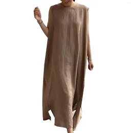 Casual Dresses Solid Color Simple Cotton Dress For Women 2024 Summer O Neck Sleeveless Loose Boho Long Oversized Party Kaftan Robe