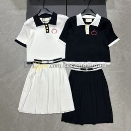 Letter Embroidered Short Skirt Women Knits Polo Shirt Casual Style Pleated Skirts Contrast Colour Two Piece Dress