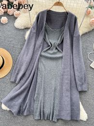 Work Dresses Gray Autumn Thick Warm Knitted Suits 2024 Strap Knit Dress Loose Long Cardigans Sweater Home Wear Casual Two Pieces Sets