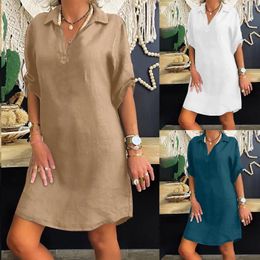 Casual Dresses 2024 Summer Fashion Women Loose Cotton Linen Dress Vintage Turn Down Collar Solid Colour Short Sleeve Shirt