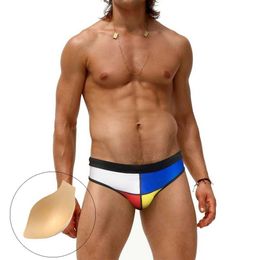 Men's Swimwear Summer Mens Swimming Briefs Sexy Pad Push Up Swimwear Quick Dry Male Patchwork Pool Bathing Suit Fashion Gay Homme Swimsuits Y240517