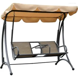 Camp Furniture 2-Seat Patio Swing Chair Outdoor Porch Glider With Adjustable Canopy Cup Holders And Storage Tray For Garden Poolside