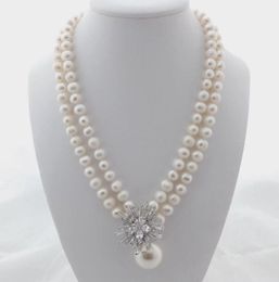 Charming 2strands 78mm white freshwater pearl necklace micro inlay zircon accessories shell pendant long 4548cm8556988