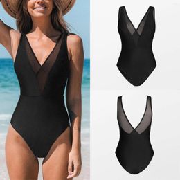 Women Sexy Swimsuits Transparent Mesh Patchwork Deep V Neck One Piece Monokini Spaghetti Strap Solid Backless Beachwear