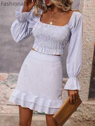 Work Dresses Striped Square Collar Flare Sleeve Backless Shirred Top And High Waist A-Line Skirts Set