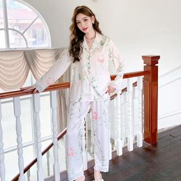 Women's Sleepwear Spring Print Pajamas Set Femme Satin Home Clothes Lace Pyjamas Homewear Women Button-down Nightsuits Loungewear