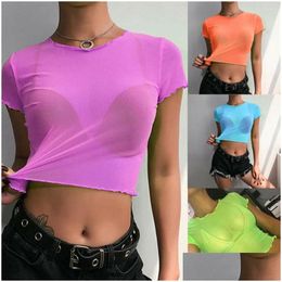 Womens T-Shirt T Shirts Y Mesh Tops See Through Short Sleeve Crop Top Women Bikini Er Up Summer Fashion Beach Bathing Suit Drop Delive Dhsc8