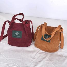 Drawstring Vintage Canvas Handbags Corduroy Literary And Artistic Women's Shoulder Bag Simple Solid Colour Buckle Handbag Bucket Cloth