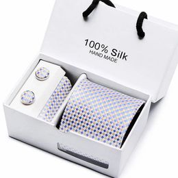 100% Silk Jacquard Necktie White Geometric Tie Hanky Cufflink Set Ties For Men Gravatas Business Wedding Party Wholesale 240517