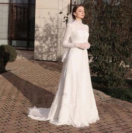 Elegant Lace Wedding Dresses 2024 High Neck Long Sleeve Buttons A-line Formal Bridal Gown Sweep Train Vestidos De Novia