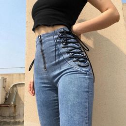 Women's Jeans Sides Bandage Stretch Tight Woman Slim-fit High Waist Zipper Skinny Pencil Pants Ankle-length Jeggings Denim Trousers