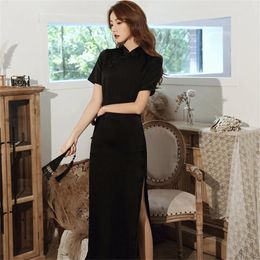 Ethnic Clothing Chinese Traditional Side Eight-button Cheongsam Fashion Improved Dress Female Slim-fit Black Long Qipao Elegant Chinoise