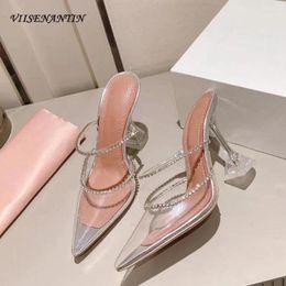 Slippers 2024 Crystal Rhinestone PVC Transparent Women Slide Pointed Toe Strange High Heels Sandals Party Wedding Shoes