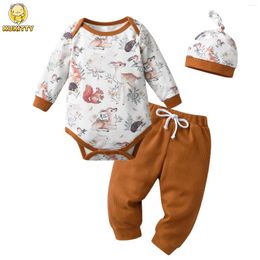 Clothing Sets Born Infant Baby Boy Long Sleeve Clothes Set Animal Printed Thin Cotton Romper Bodysuit Top And Pants Cap 3pcs Outfit