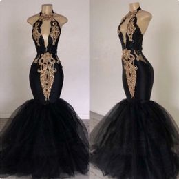 Sexy Halter Black Mermaid Evening Dress Deep V Neck Gold Appliques Backless Tulle Prom Dress Gorgeous robes de soiree 2554