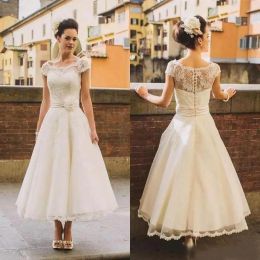 Dresses Aline Lace Tulle Short Wedding Dresses 2019 Cap Sleeves Vintage Tea Length Informal Bridal Gowns With Flowers 1950s Bridal Gowns