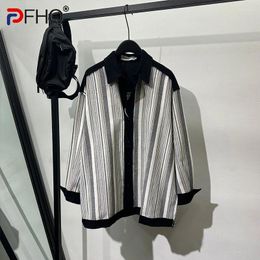 Men's Casual Shirts PFHQ Vertical Striped Shirt Trendy Fitting Versatile Summer Male Turn-down Collar Original Personality Tops 21Z4373