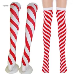 Women Socks Christmas Peppermint Candy Cane Thigh High Red White Striped Print Over Knee Long Stockings Hallowee Cosplay J78E