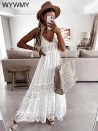 Casual Dresses Sexy White Long Boho Dress Summer Fashion Hollow Out Lace Strap V Neck Backless Sundress Ladies Beach Maxi For Women