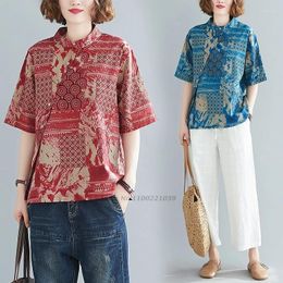 Ethnic Clothing 2024 Traditional Chinese Vintage Blouse National Flower Print Cotton Linen Oriental Hanfu Tops Folk Streetwear
