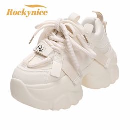 Fashion Chunky Sneakers Women Autumn Lace Up Platform Sports Shoes 7.5CM Thick Bottom High Heels Female Leather Sneakers Woman 240516
