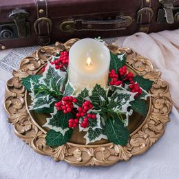 Decorative Flowers Artificial Berry Candlestick Wreath Greenery Leaves Candle Holder Simulated Green Plant Flower Hoop Xmas Party Home Decor